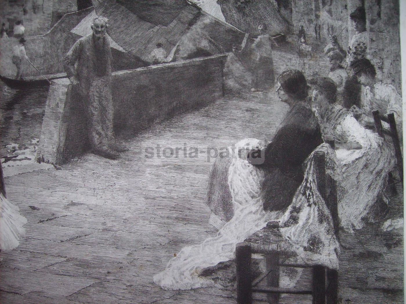 Incisione Antica Ettore Tito "La Fa La Modela" Venezia 1885 Acquaforte