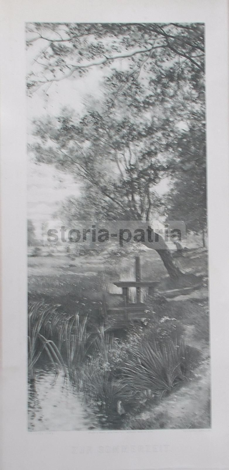 Stampa Antica Tessaro Da Flickel, Paesaggio Estivo, Berlino 1900