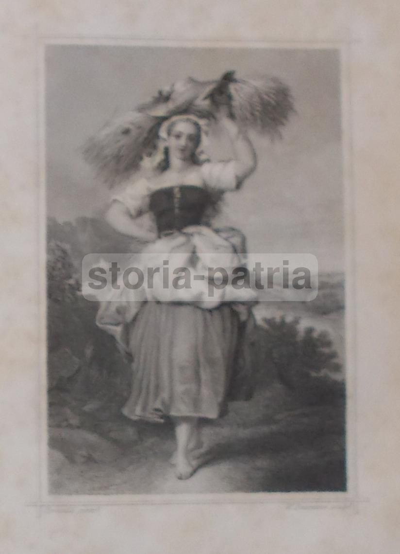 Stampa Antica 1859: Contadina Con Spighe Di Grano, Baumann, Corbould