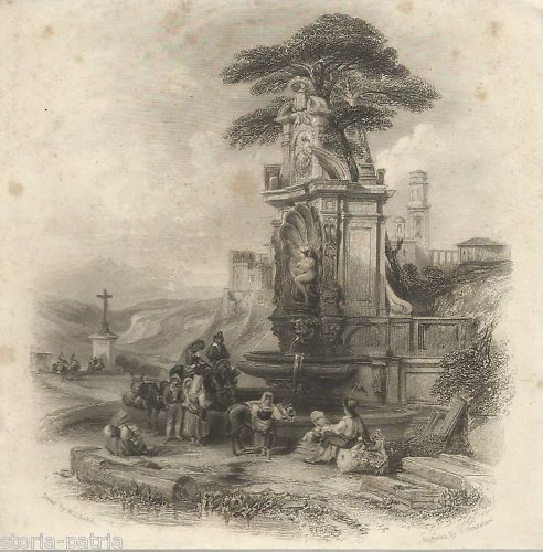 Fontana Di Carnello, Isola Liri. Incisione Antica (XIX Secolo) Con Costumi Popolari.