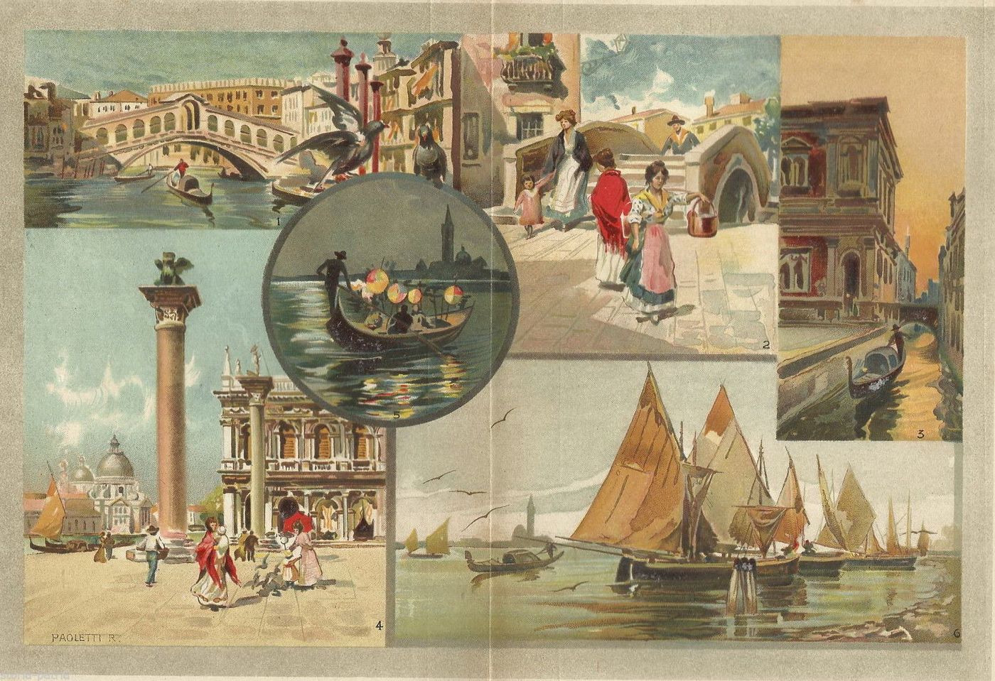 Stampa Antica Venezia: Rialto, Canal Grande E Bragozzi Di Rodolfo Paoletti