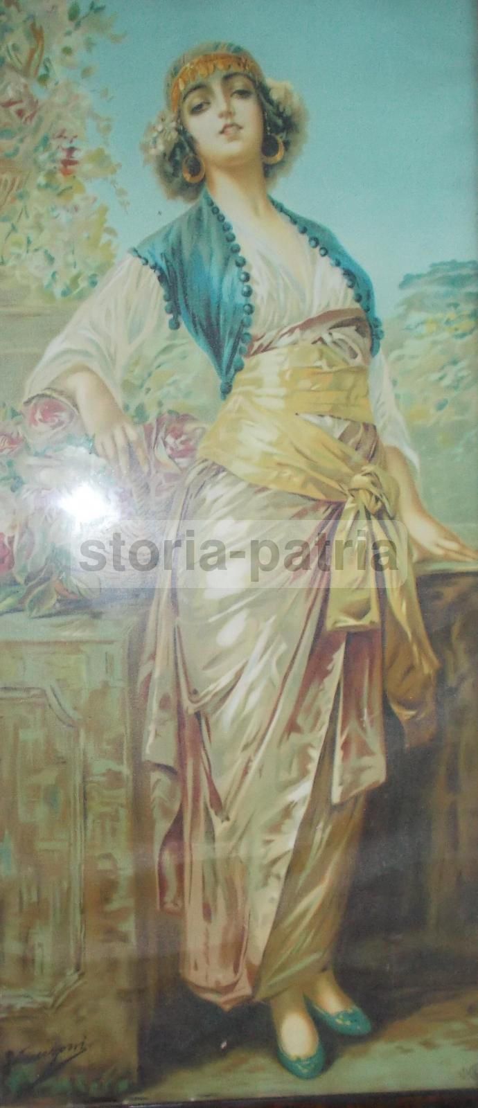 Stampa Antica Giovane Donna Con Fiori Rosa Guerzoni Anni '20