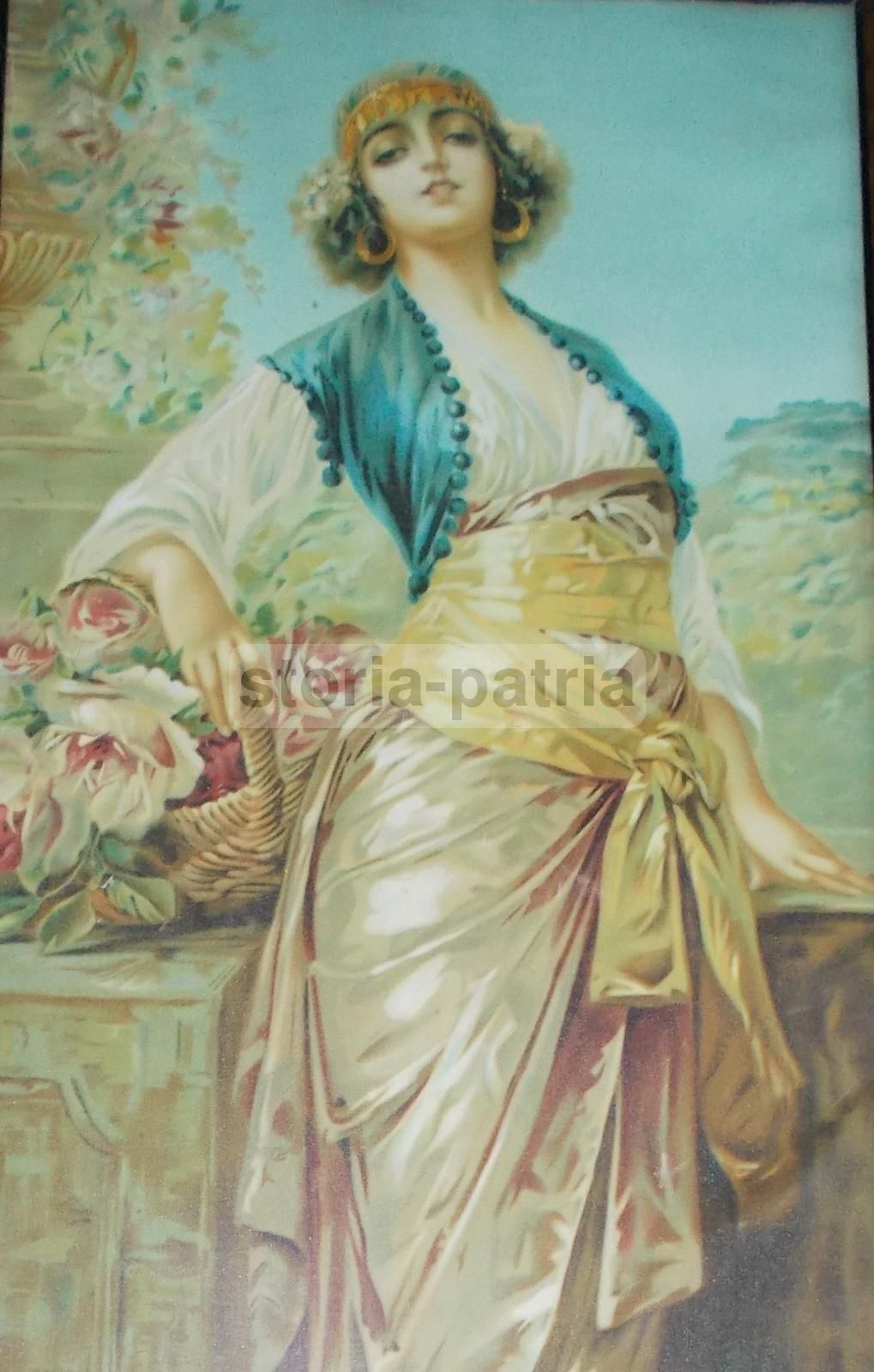 Stampa Antica Giovane Donna Con Fiori Rosa Guerzoni Anni '20