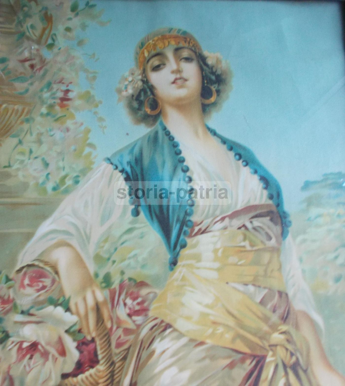 Stampa Antica Giovane Donna Con Fiori Rosa Guerzoni Anni '20