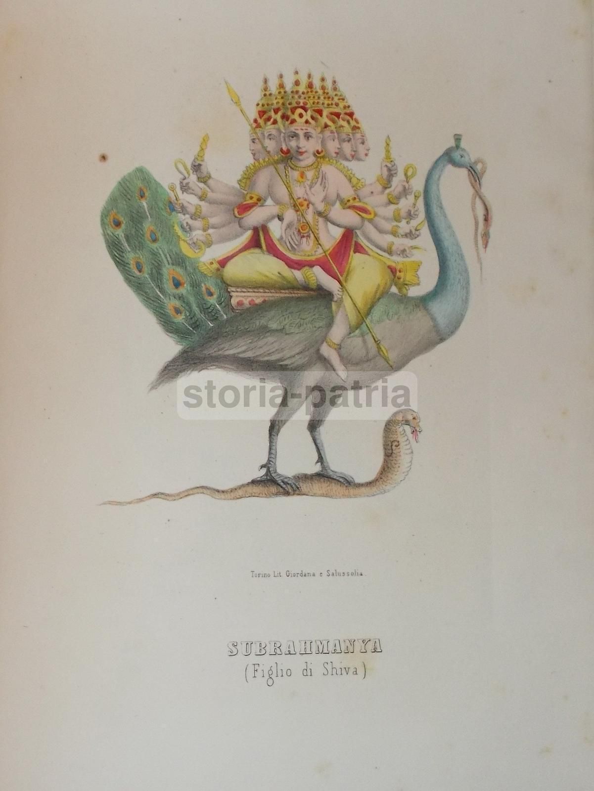 Subrahmanya: Litografia Colorata Antica, Torino 1860, Divinità Indiana