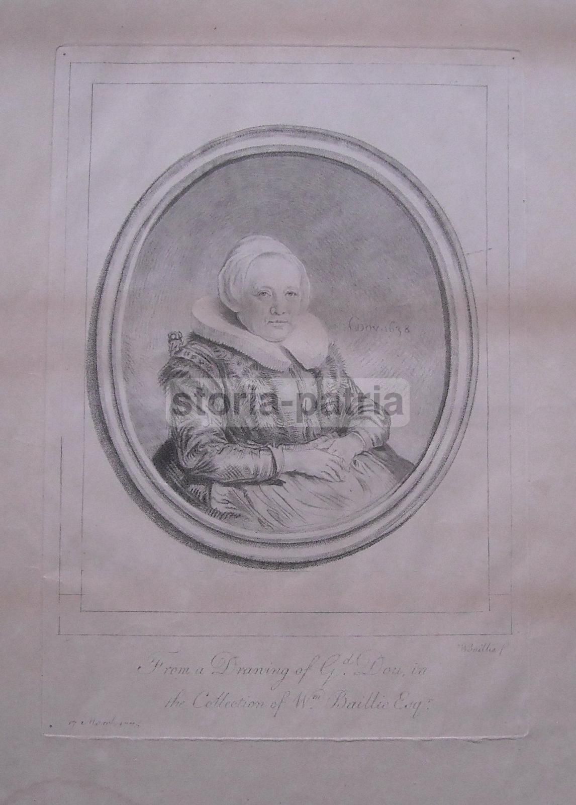Antica Incisione W. Baillie 1775 Ritratto Gentildonna Da G. Dou