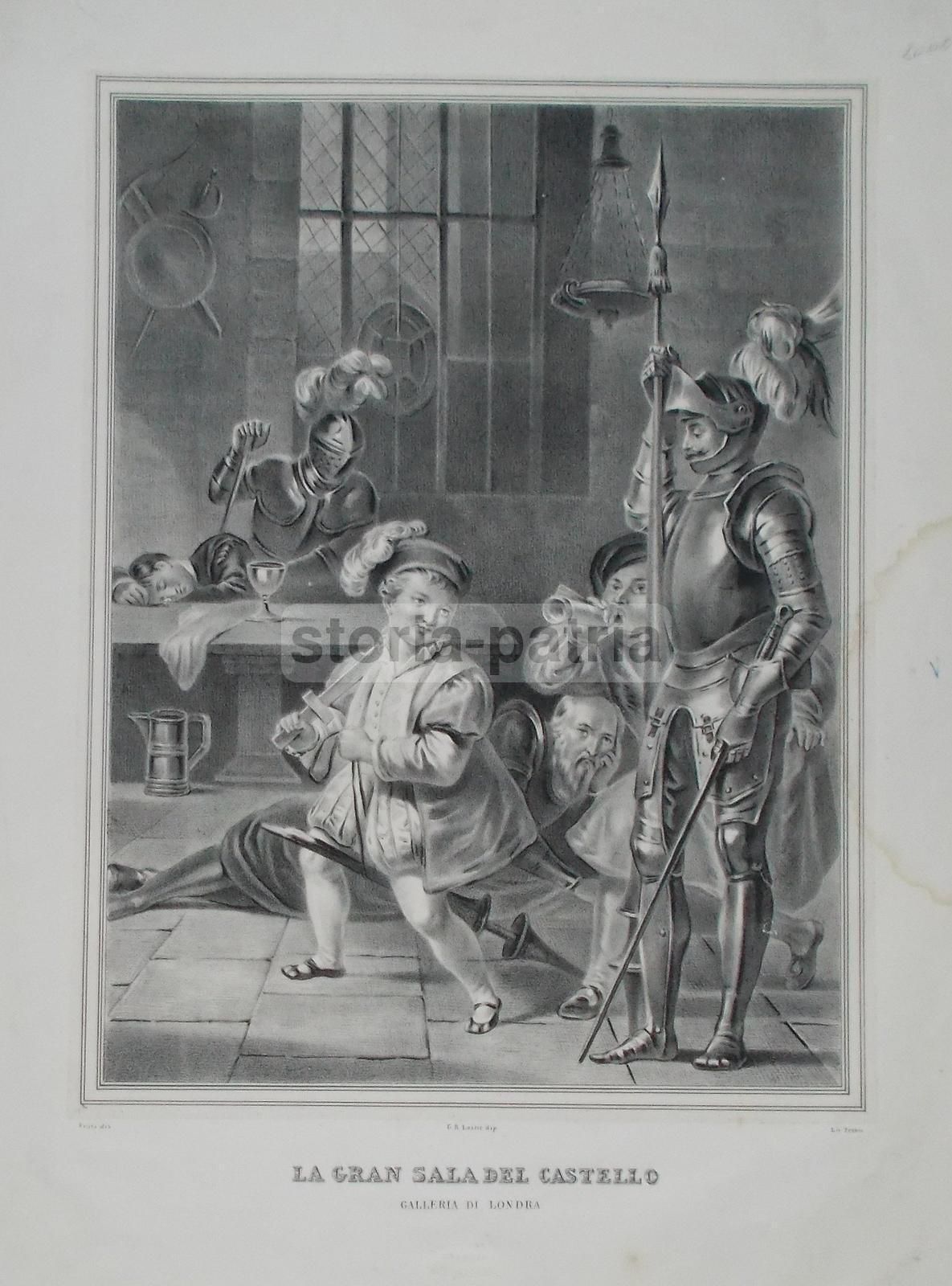 Litografia Antica Zezon Napoli: Gran Sala Del Castello, 1850 Circa
