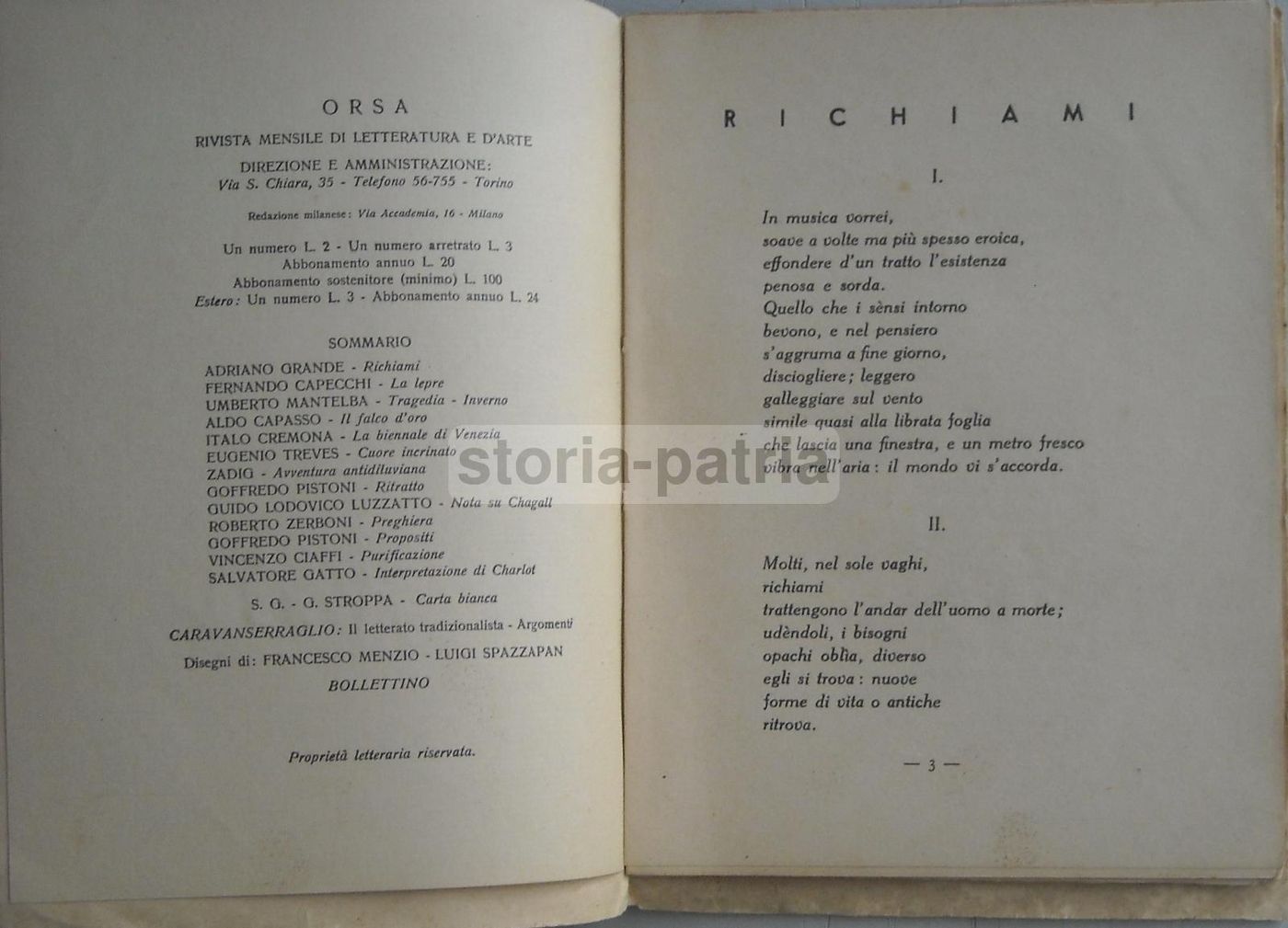 Rivista Orsa 1934: Menzio, Spazzapan, Chagall, Biennale Di Venezia. Rara.