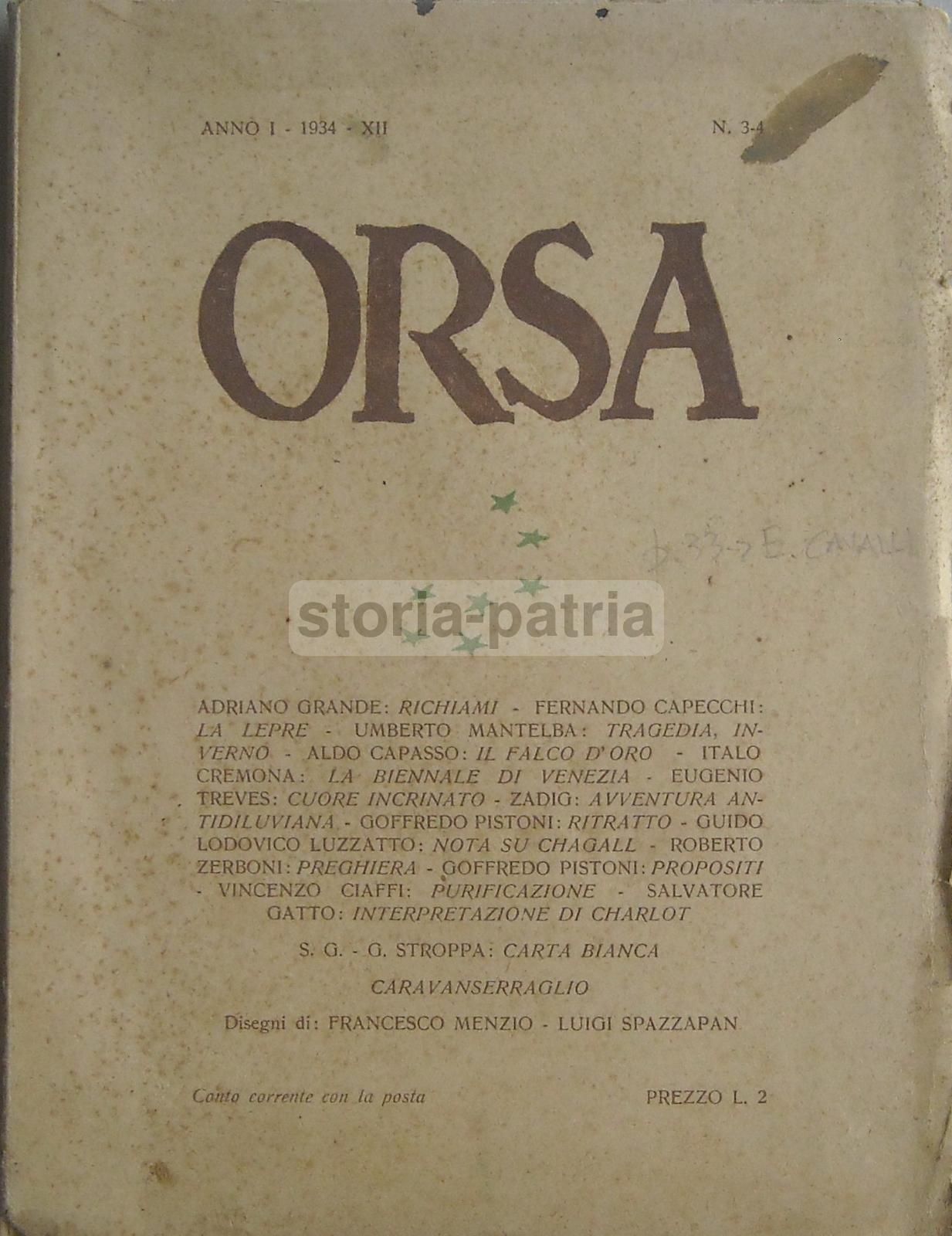 Rivista Orsa 1934: Menzio, Spazzapan, Chagall, Biennale Di Venezia. Rara.