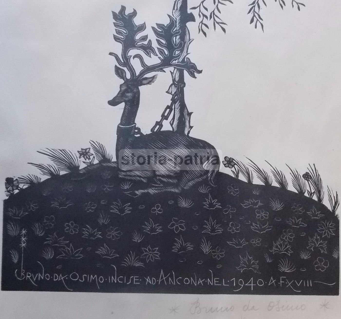 Xilografia Bruno Da Osimo Allegoria Con Cervo Ancona 1940