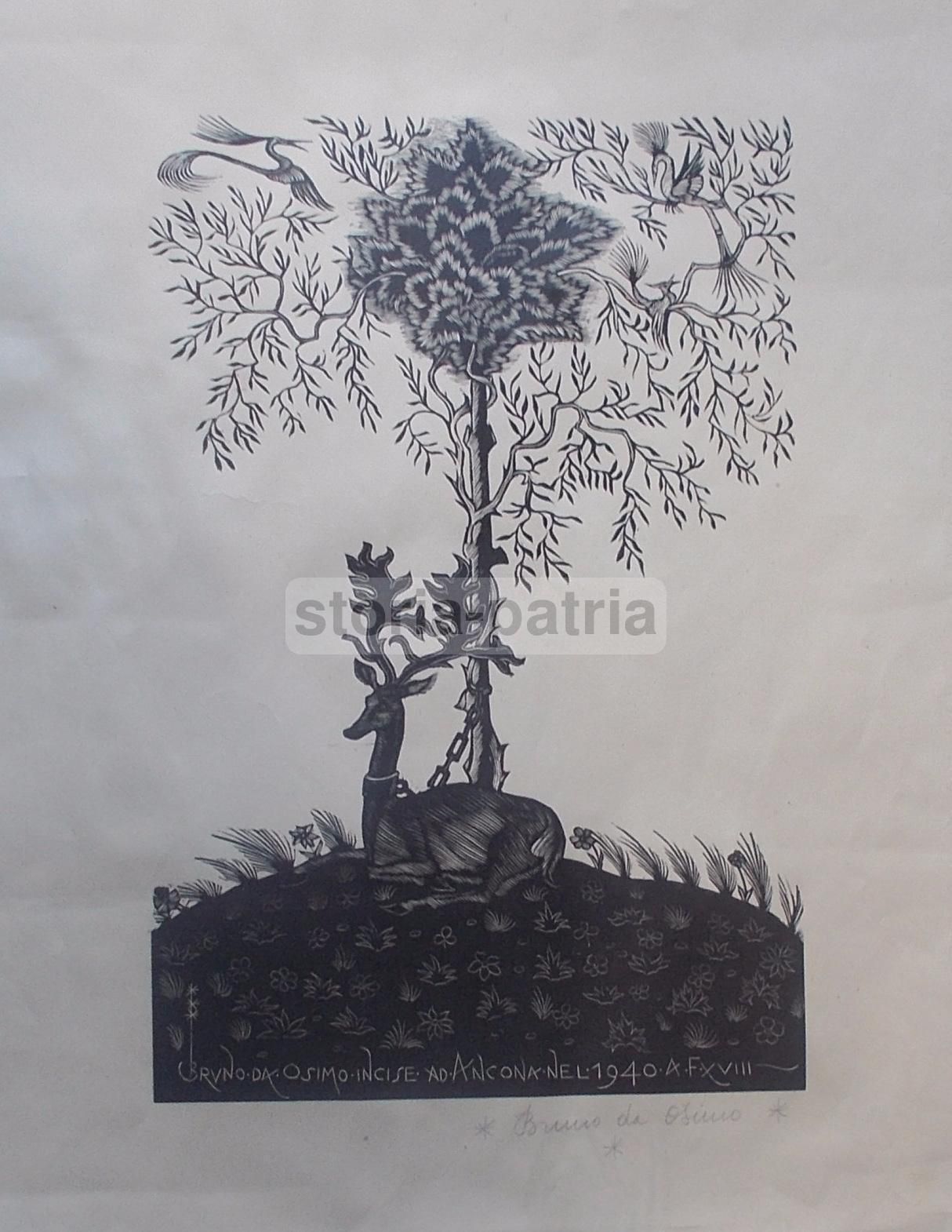 Xilografia Bruno Da Osimo Allegoria Con Cervo Ancona 1940