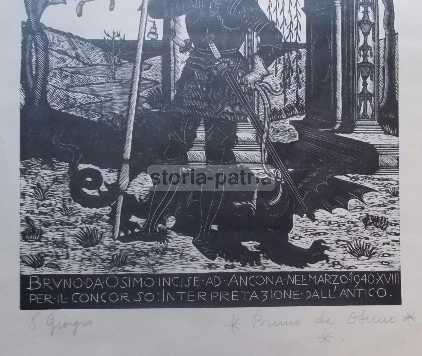 Xilografia San Giorgio, Bruno Da Osimo Marsili, Ancona 1940 Originale
