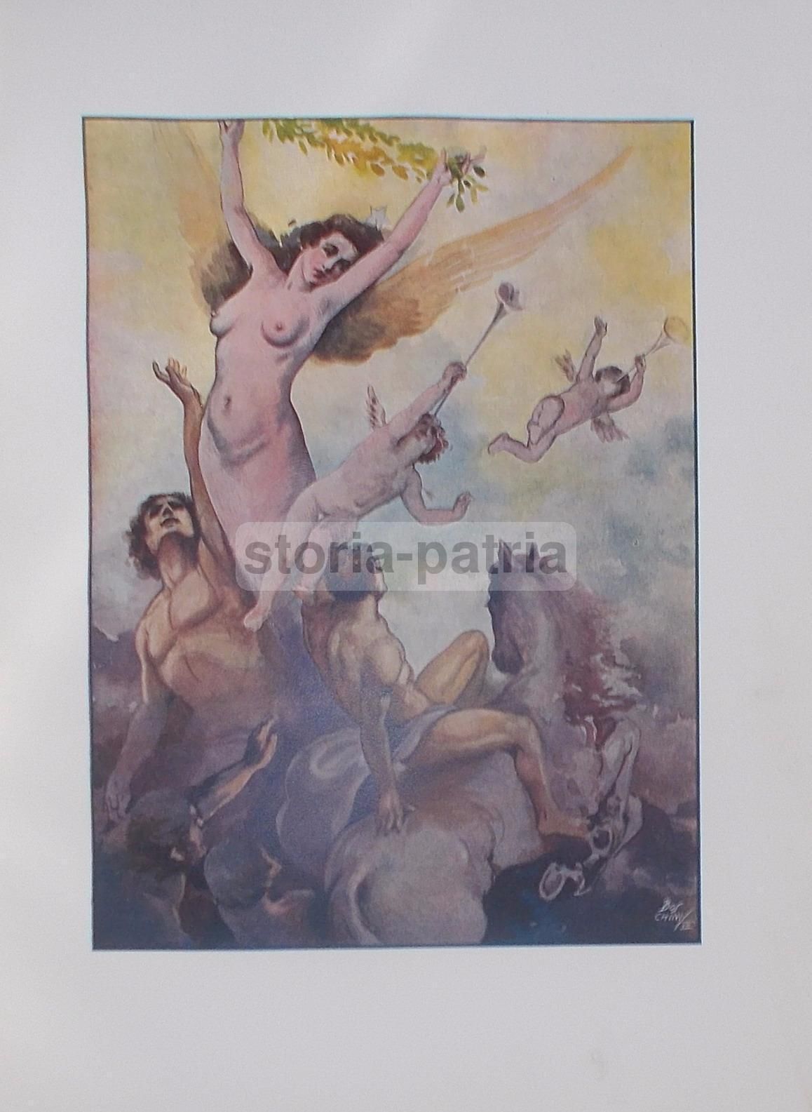 Stampa Antica: Allegoria Della Gloria Con Angeli Musicanti. Ispirata A Boschini, Circa 1930
