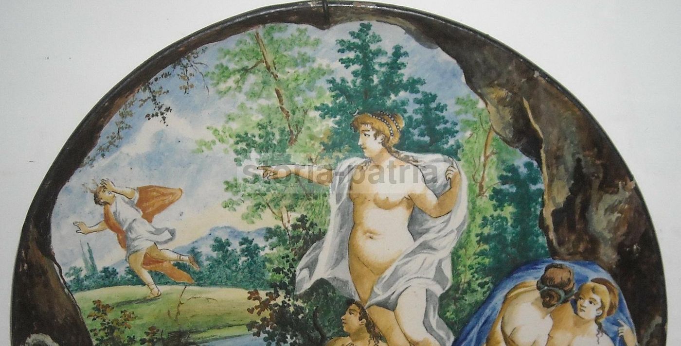 Piatto In Ceramica Con Scena Mitologica, Donne Al Bagno, XIX Secolo