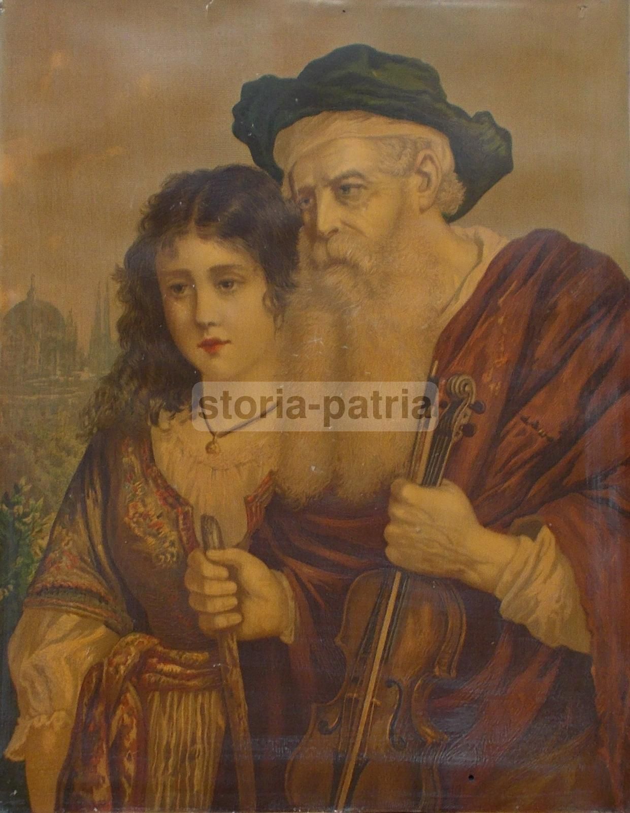 Antica Stampa Cromolitografica Coppia Di Gitani Con Violino, 1900