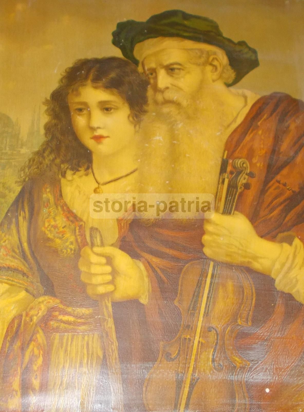 Antica Stampa Cromolitografica Coppia Di Gitani Con Violino, 1900