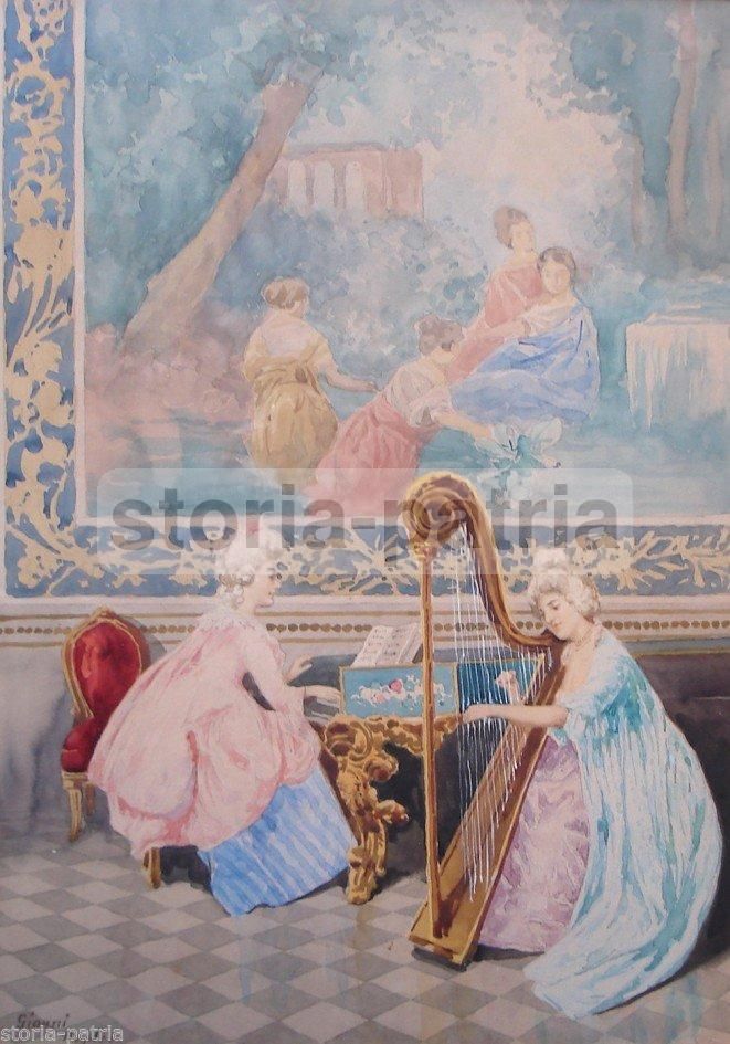 Dipinto Di Interno Con Salotto Aristocratico, Pianoforte E Arpa