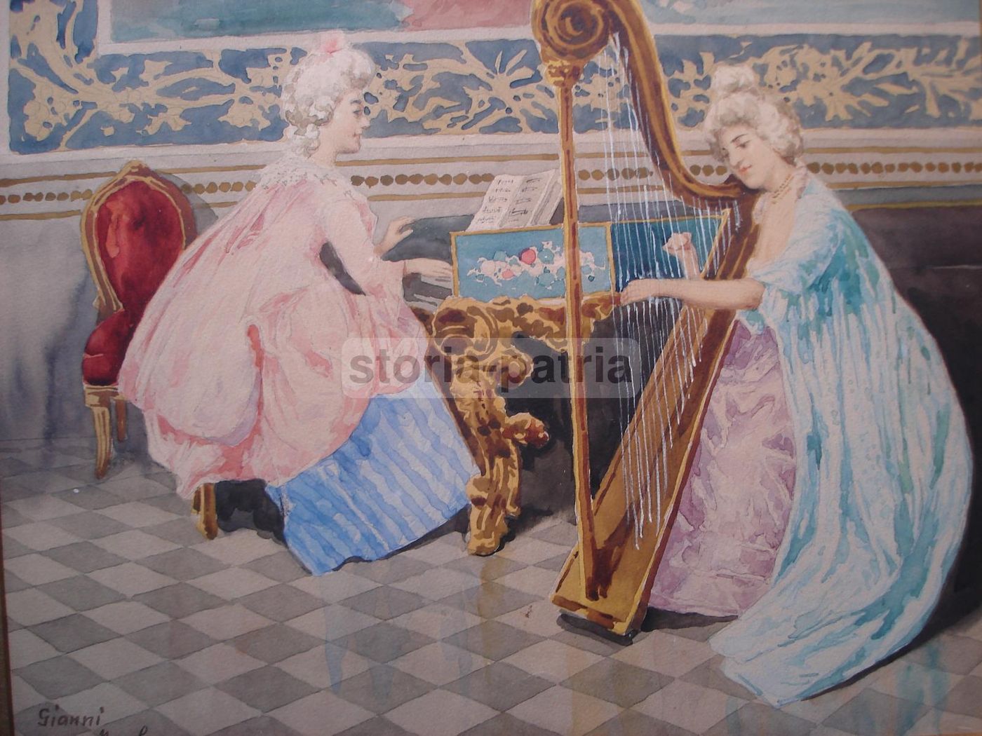 Dipinto Di Interno Con Salotto Aristocratico, Pianoforte E Arpa