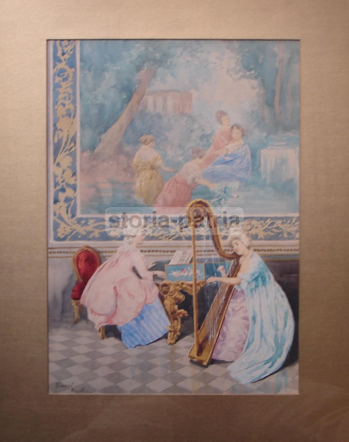 Dipinto Di Interno Con Salotto Aristocratico, Pianoforte E Arpa