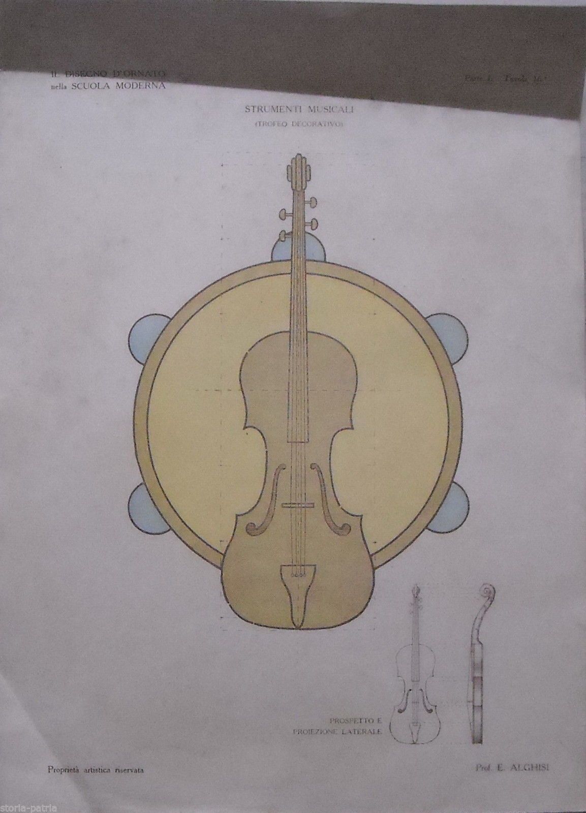 Stampa Antica Trofeo Musicale Violino Tamburello, Alghisi, Anni '20