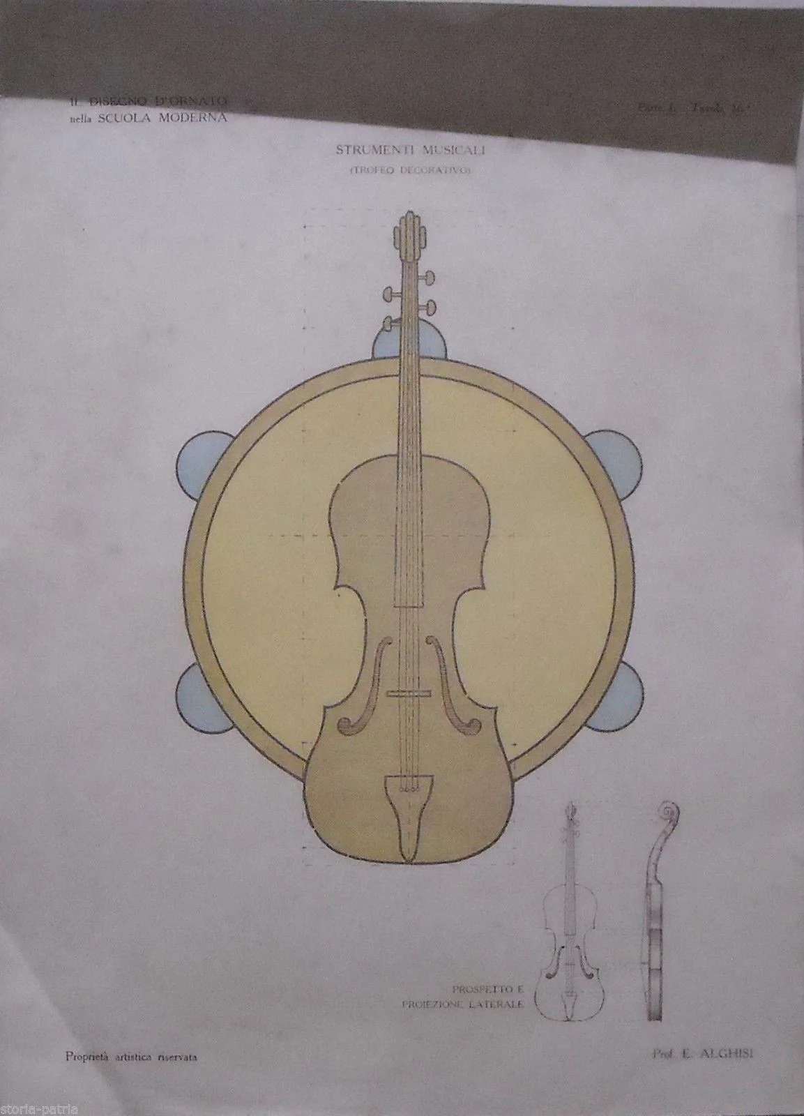 Stampa Antica Trofeo Musicale Violino Tamburello, Alghisi, Anni '20