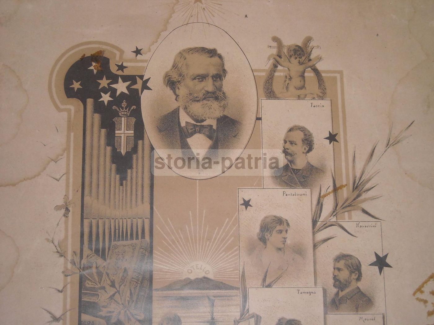 Stampa Antica Giuseppe Verdi Con Ritratti Di Faccio, Tamagno E Maurel, Fine '800