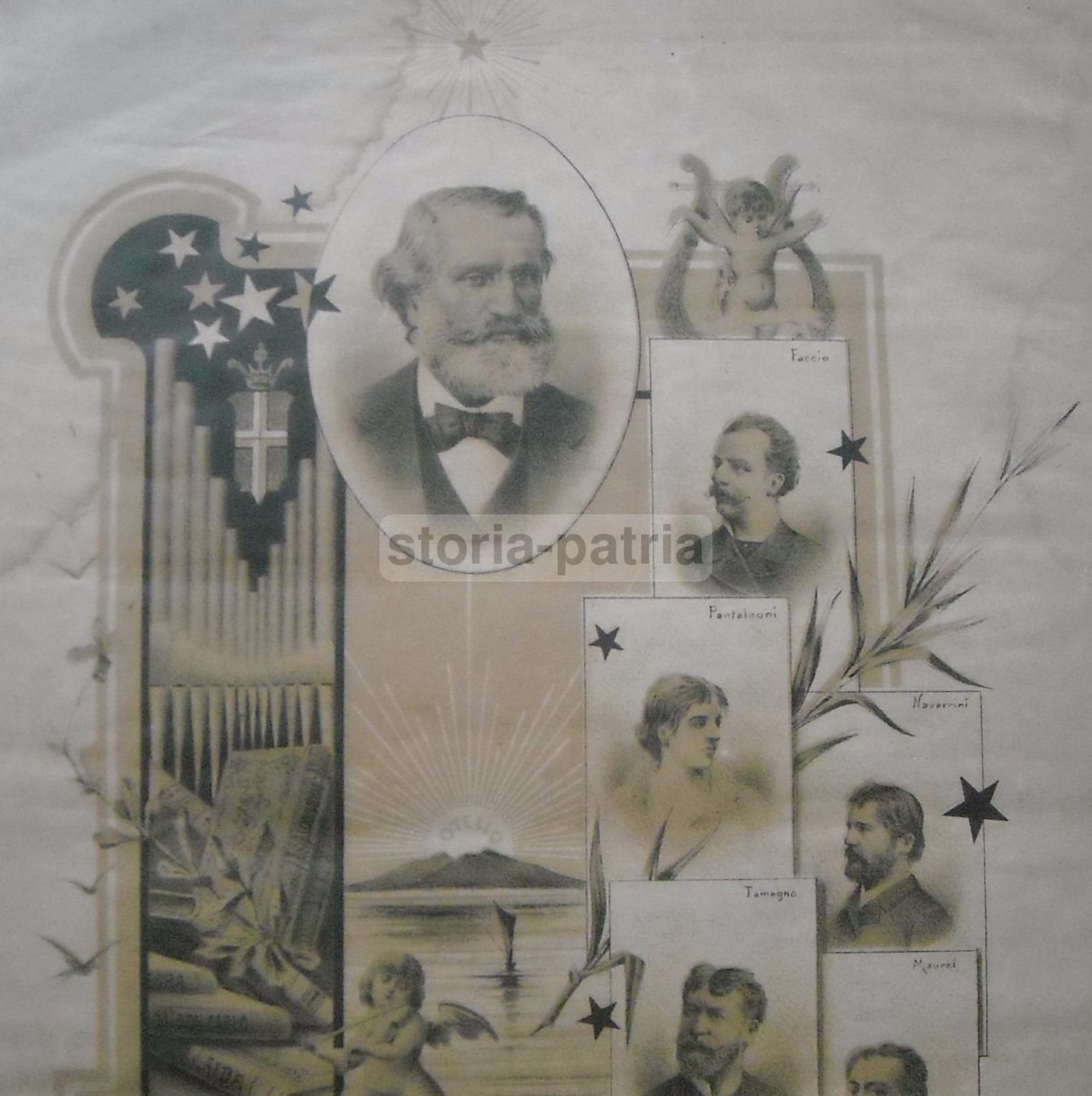 Stampa Antica Giuseppe Verdi Con Ritratti Di Faccio, Tamagno E Maurel, Fine '800