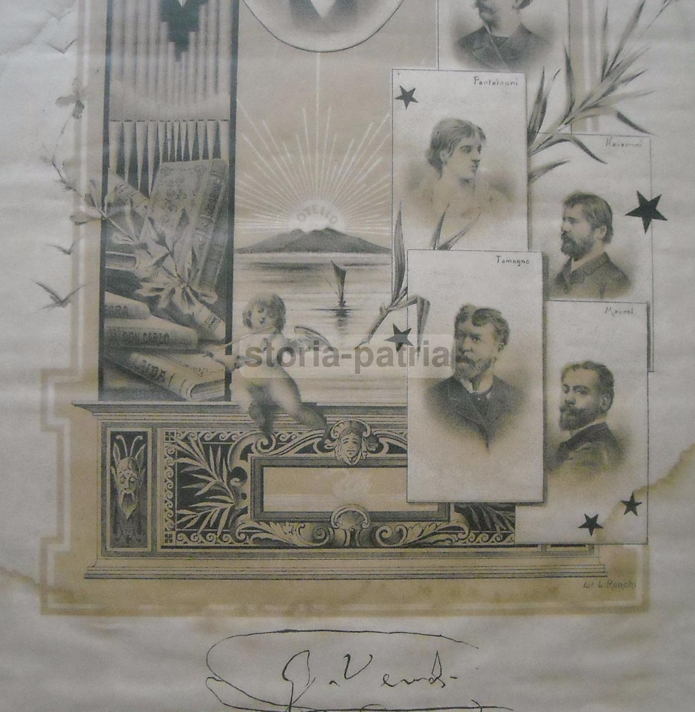 Stampa Antica Giuseppe Verdi Con Ritratti Di Faccio, Tamagno E Maurel, Fine '800