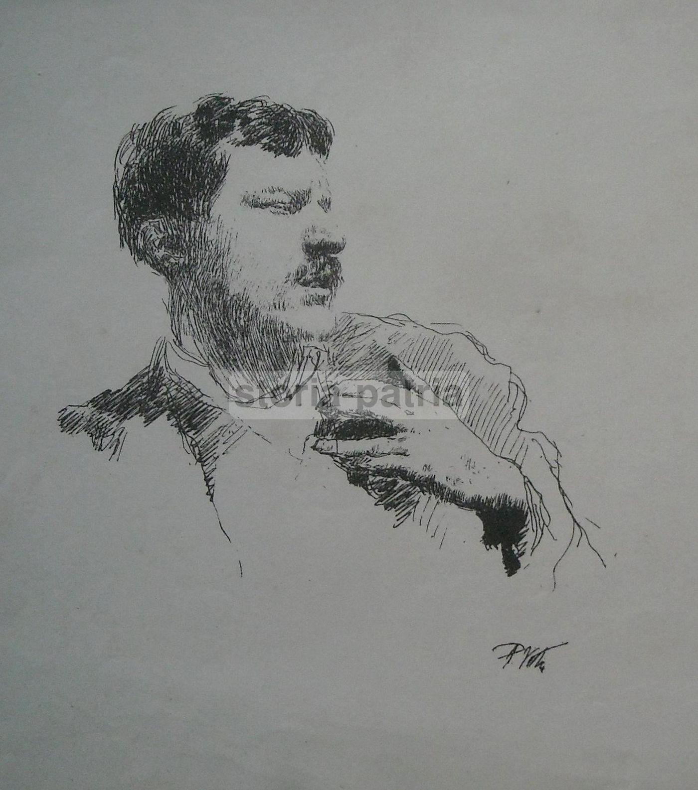 Stampa Antica Paolo Vetri, Ritratto Uomo Con Baffi, Arte Napoletana '800