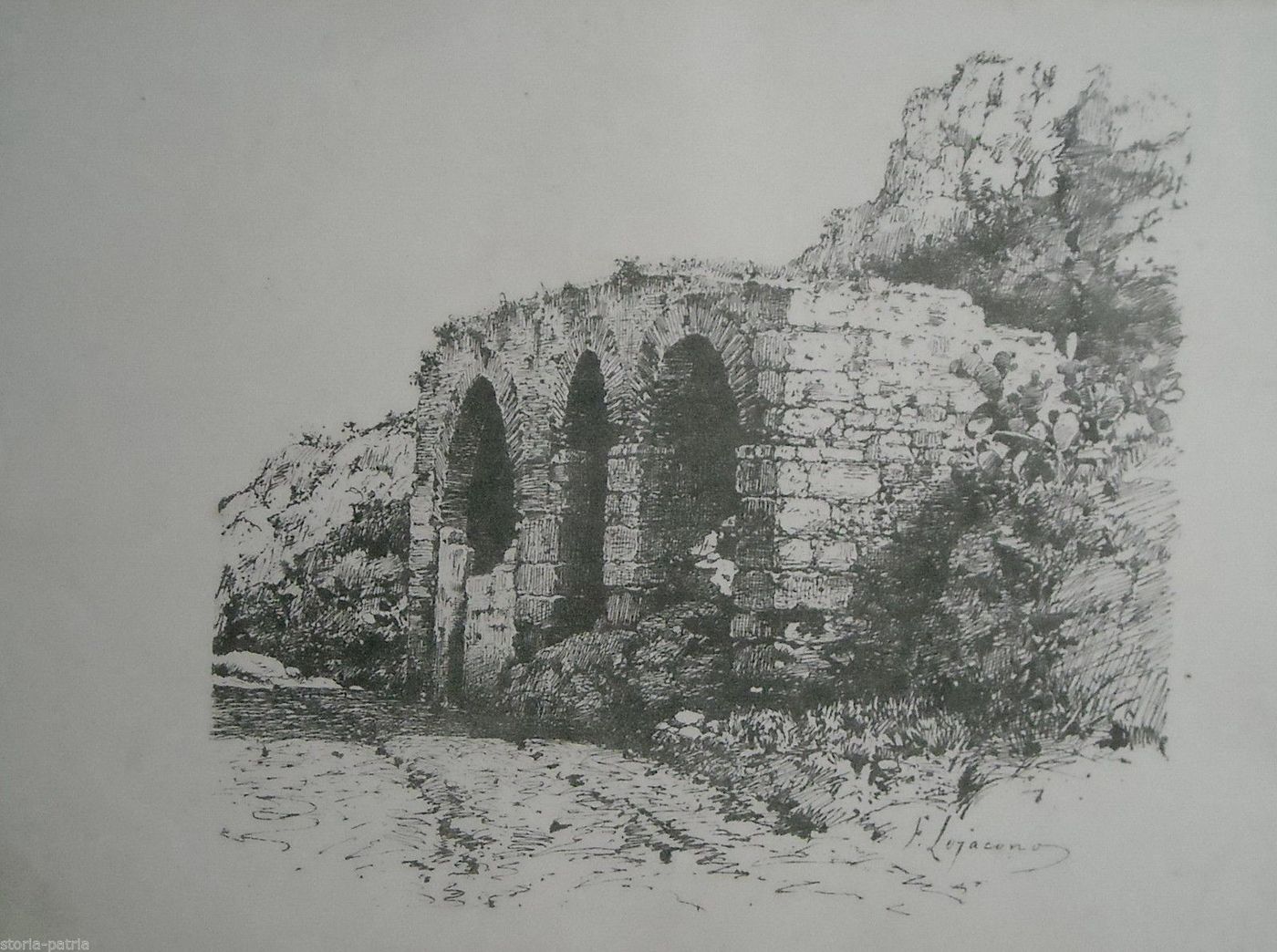 Stampa Antica: Francesco Lojacono, Paesaggio Con Ruderi In Sicilia, Fine Ottocento