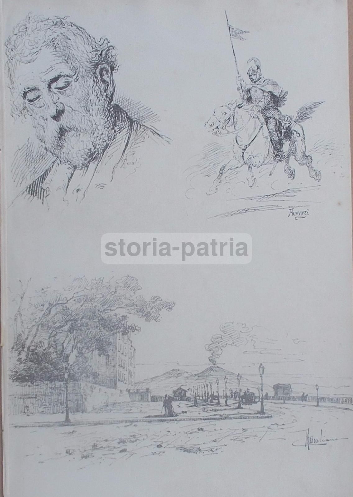 Stampa Antica Napoletana Dell'Ottocento Con Schizzi Artistici E Veduta Del Vesuvio