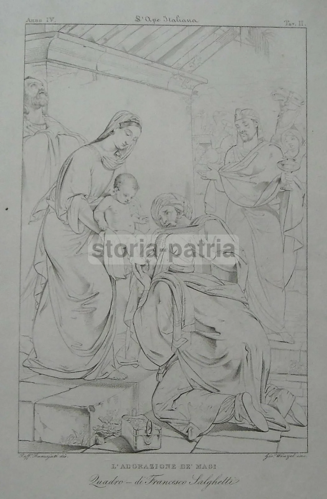 Adorazione dei Magi: Incisione Originale di G. Wenzel e Raffaele Buonaiuti (xix Secolo)