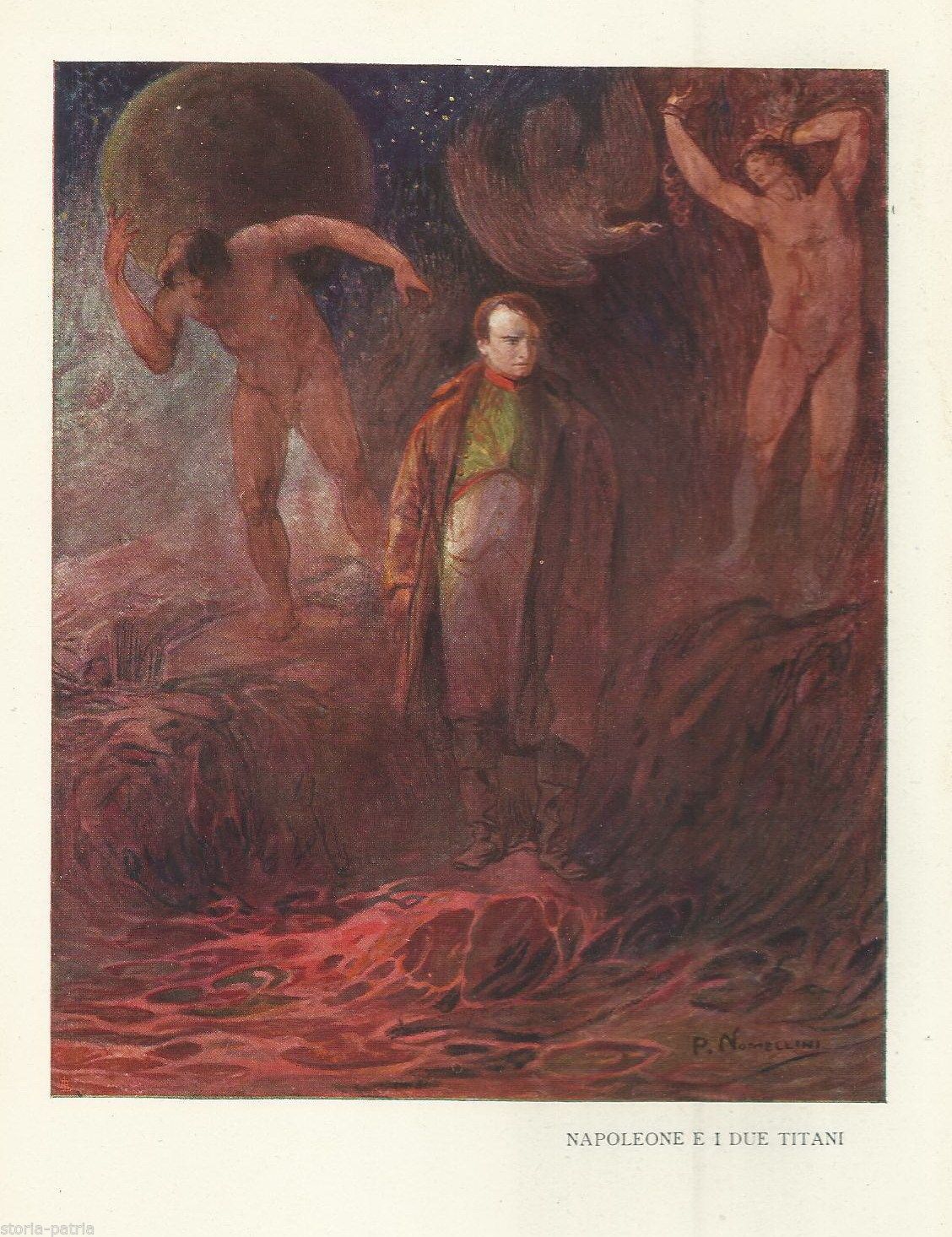 Stampa Antica Nomellini Napoleone E I Due Titani Cromolitografia