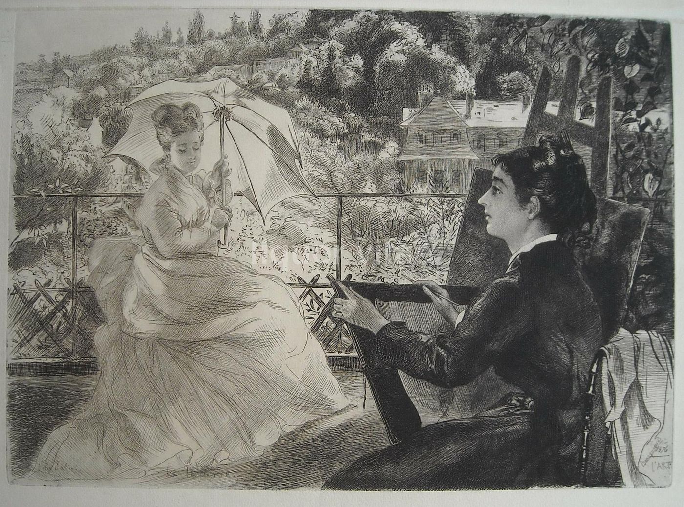 Felix Bracquemond, La Terrasse, 1876. Acquaforte Originale Antica.