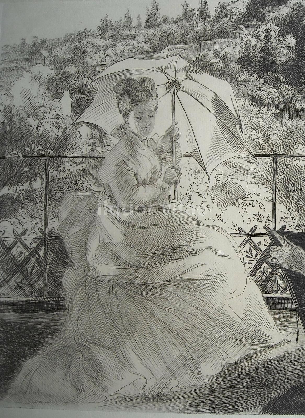 Felix Bracquemond, La Terrasse, 1876. Acquaforte Originale Antica.