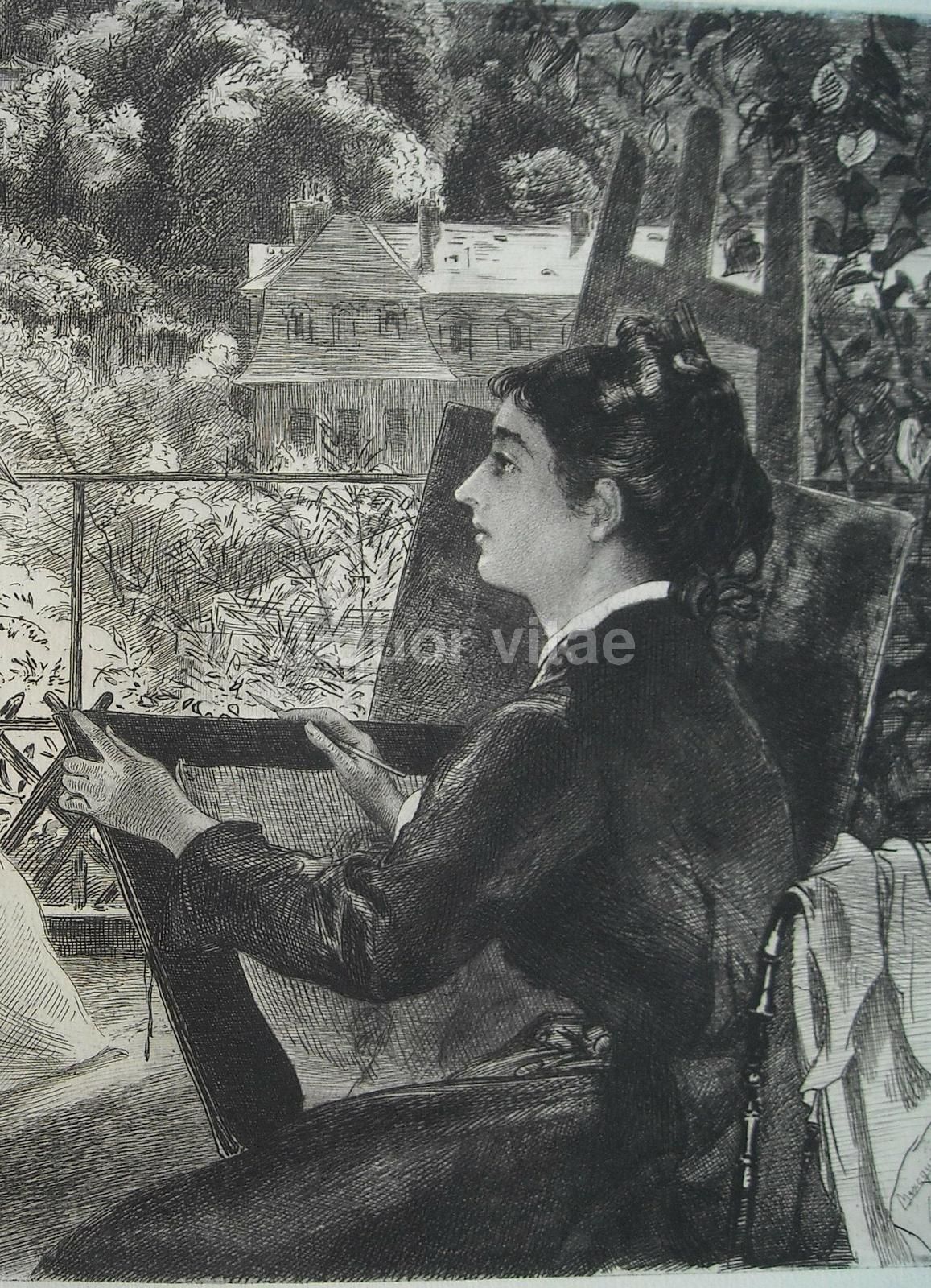 Felix Bracquemond, La Terrasse, 1876. Acquaforte Originale Antica.