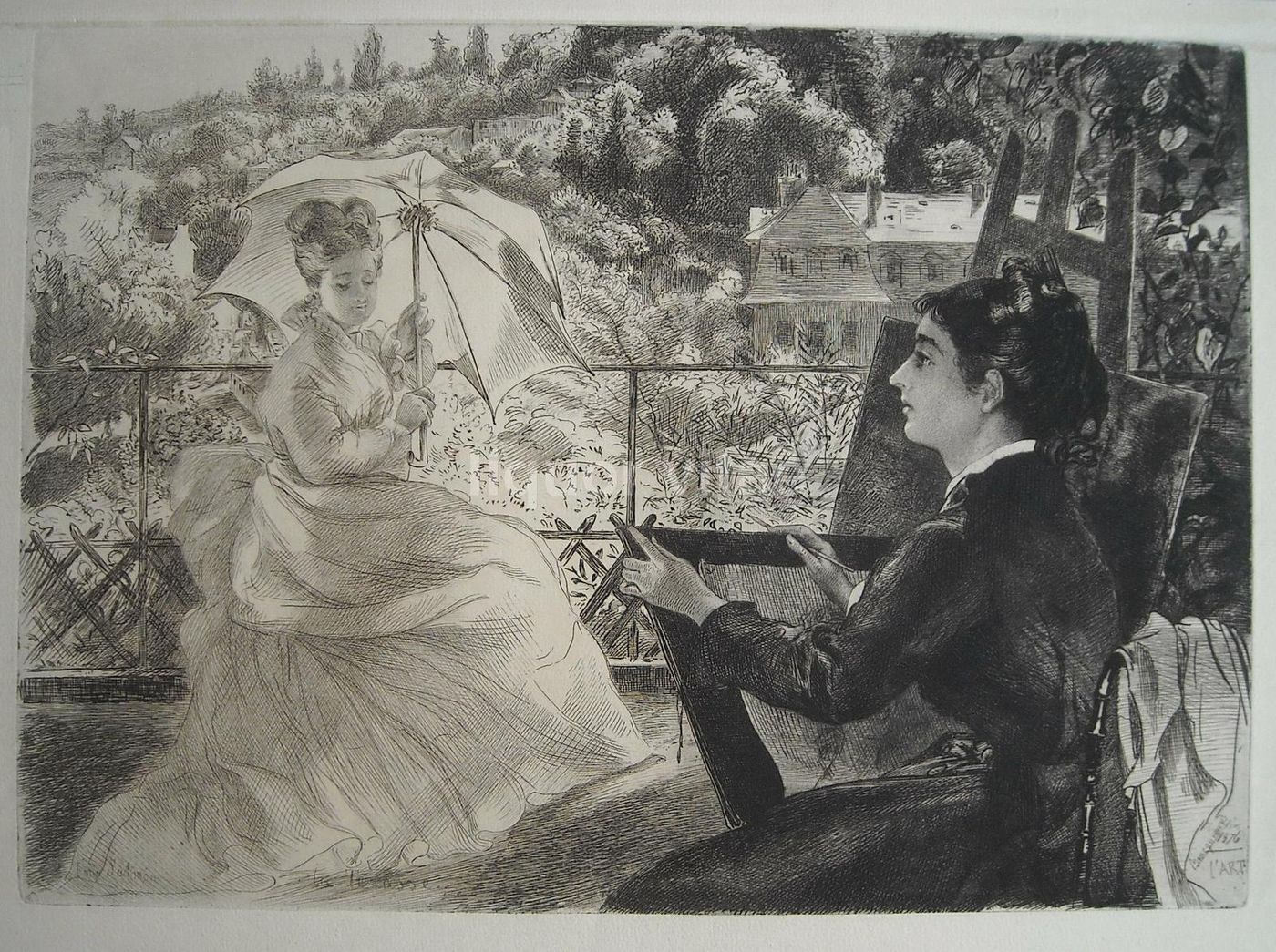 Felix Bracquemond, La Terrasse, 1876. Acquaforte Originale Antica.