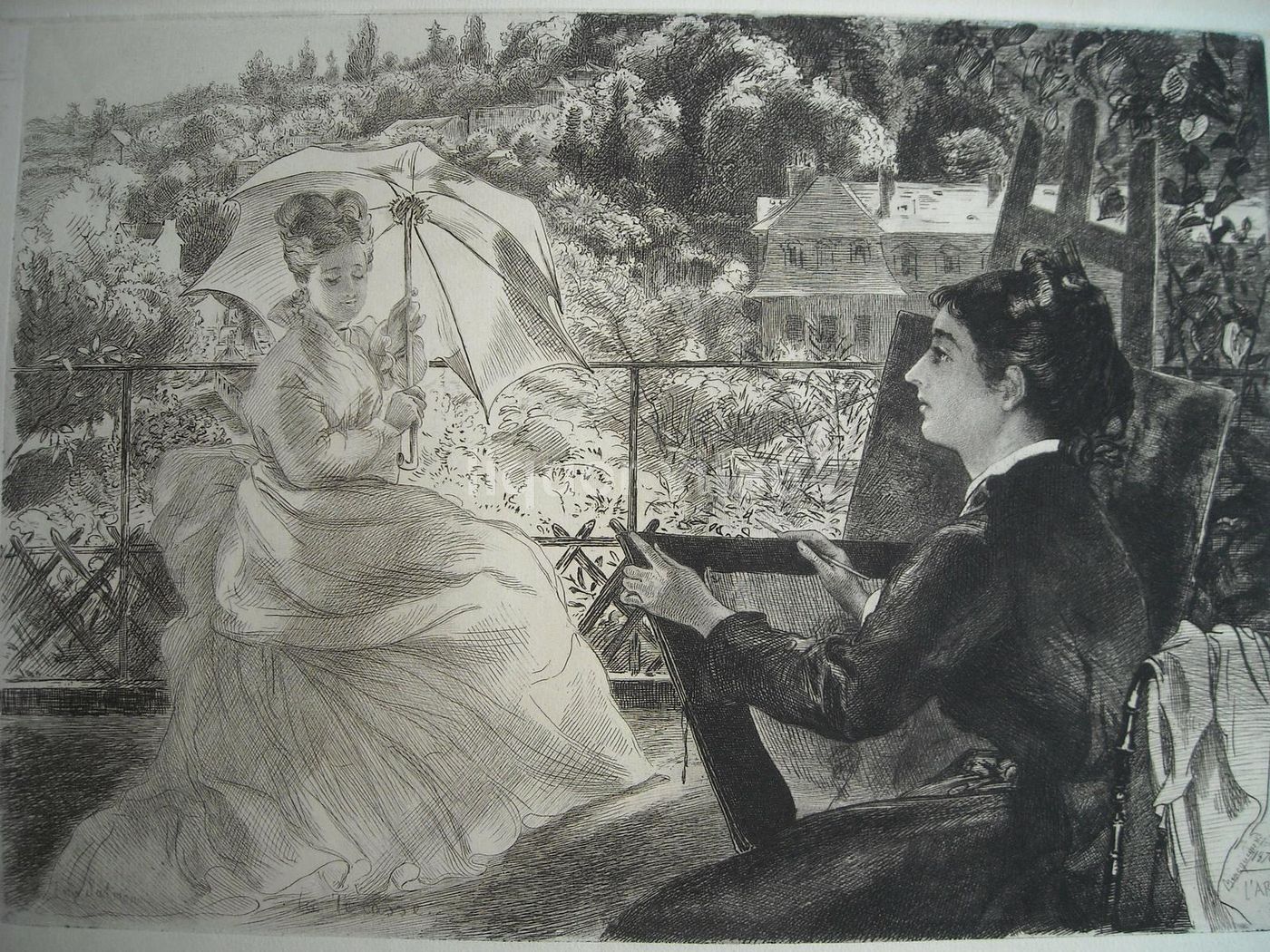 Felix Bracquemond, La Terrasse, 1876. Acquaforte Originale Antica.