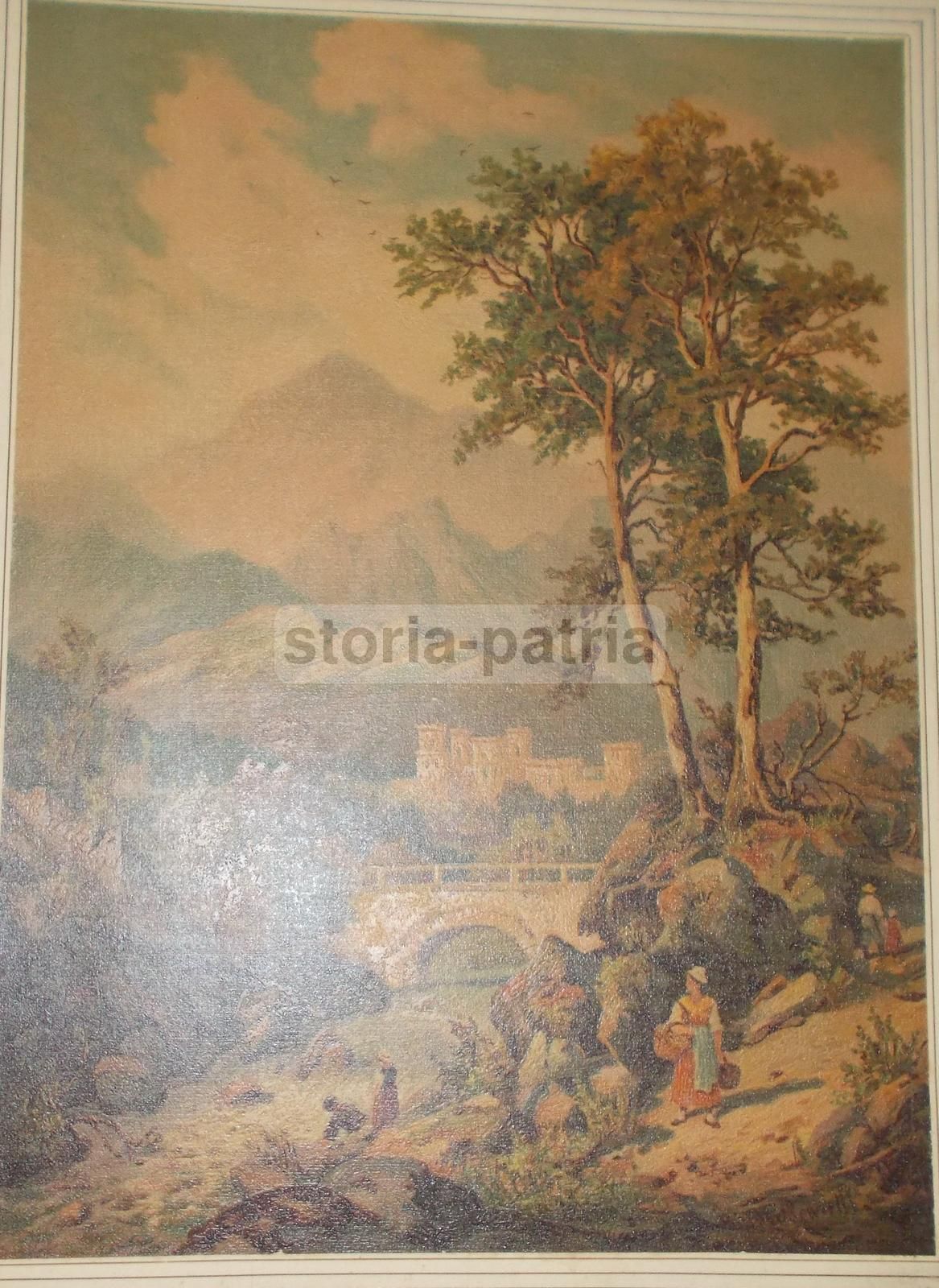 Stampa Antica Paesaggio Montano Con Ponte Di Bianco Pennelli