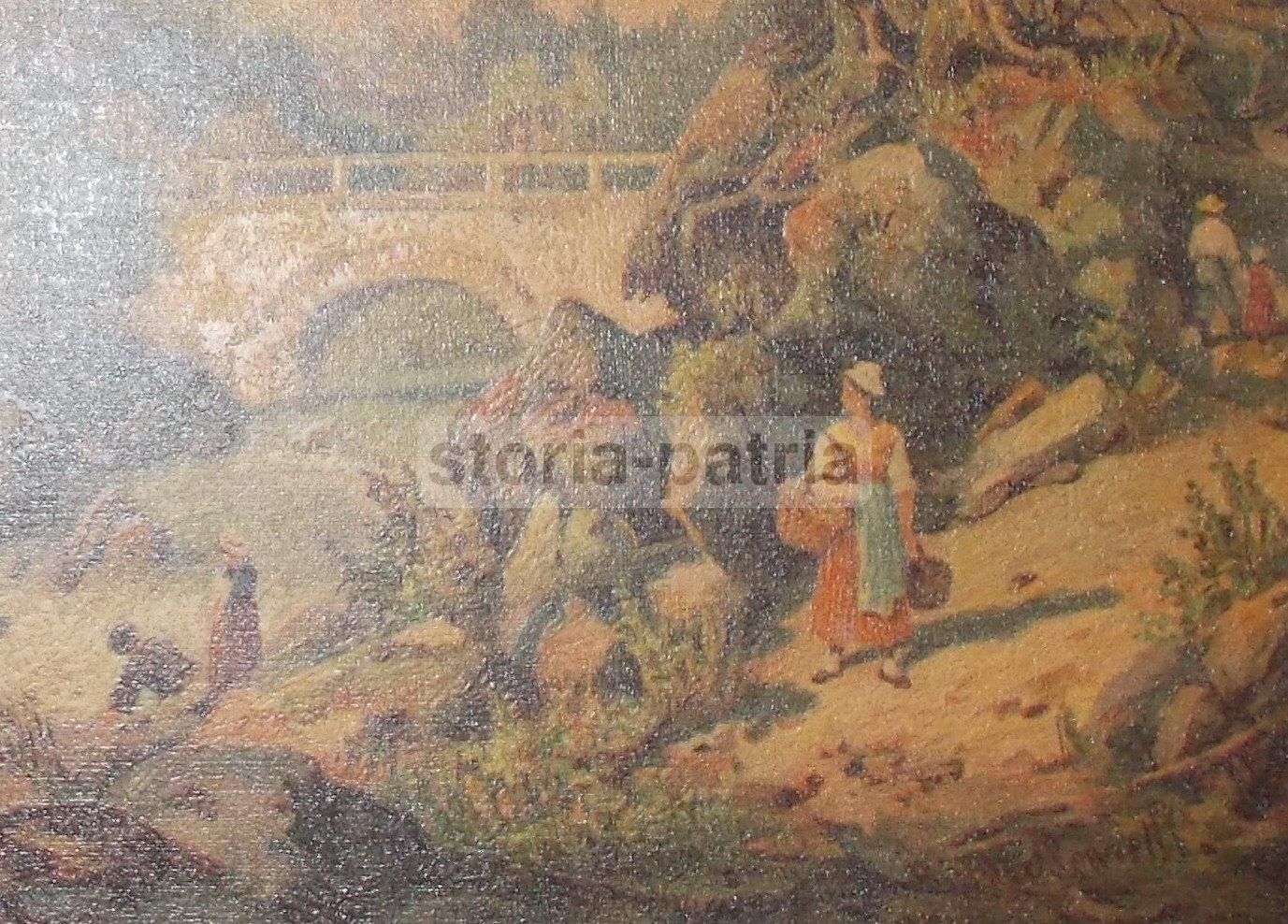Stampa Antica Paesaggio Montano Con Ponte Di Bianco Pennelli