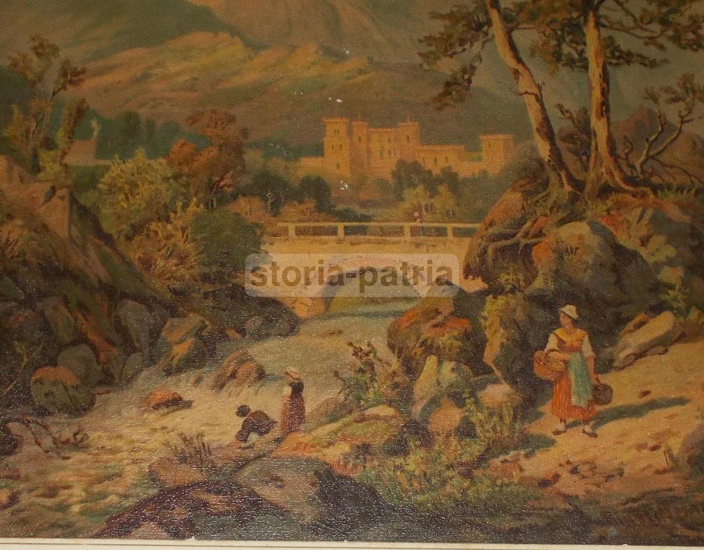 Stampa Antica Paesaggio Montano Con Ponte Di Bianco Pennelli