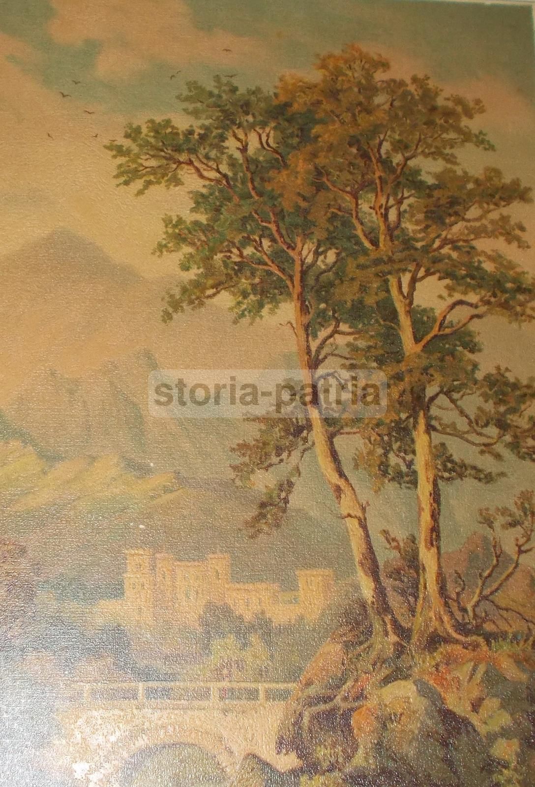 Stampa Antica Paesaggio Montano Con Ponte Di Bianco Pennelli