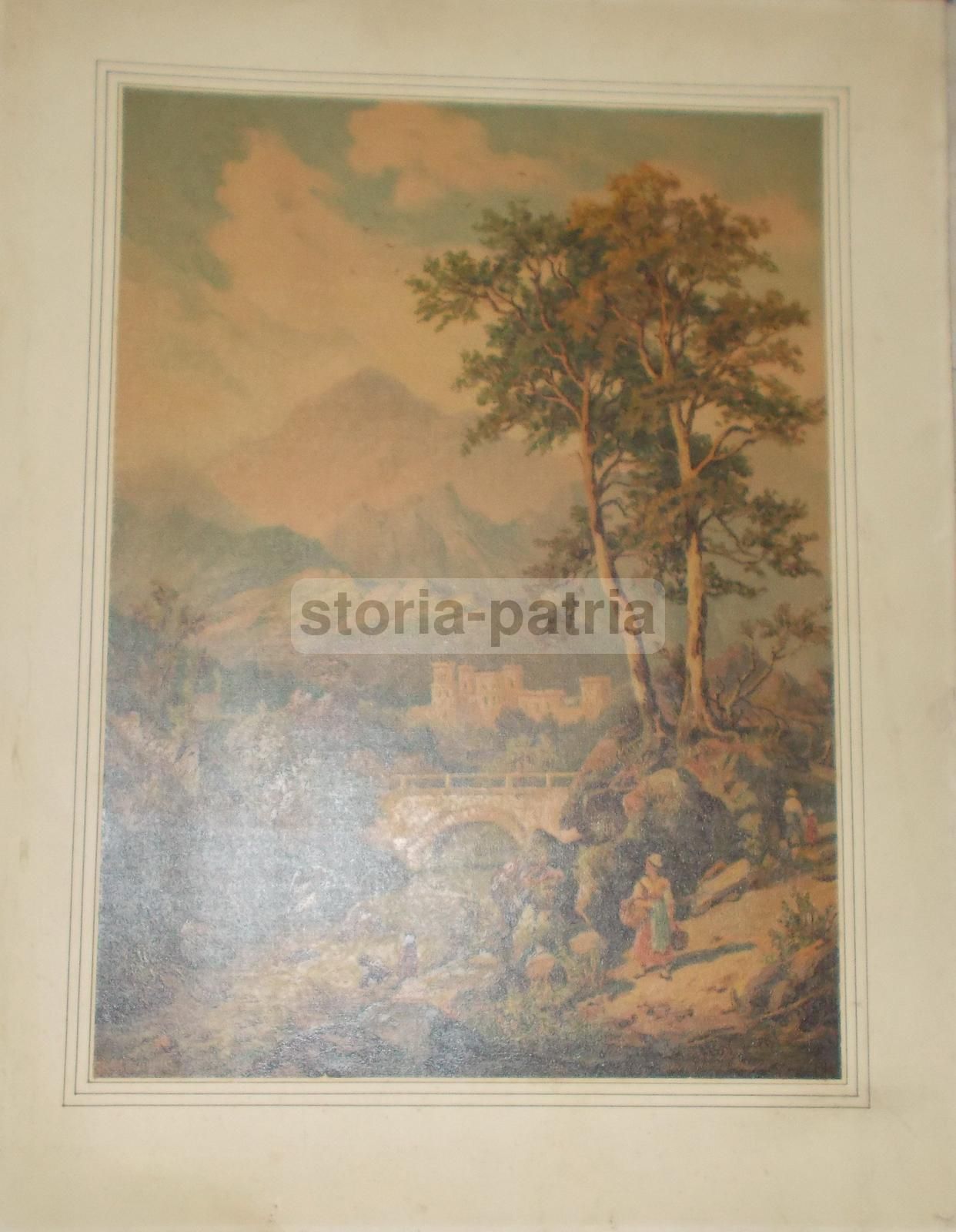 Stampa Antica Paesaggio Montano Con Ponte Di Bianco Pennelli