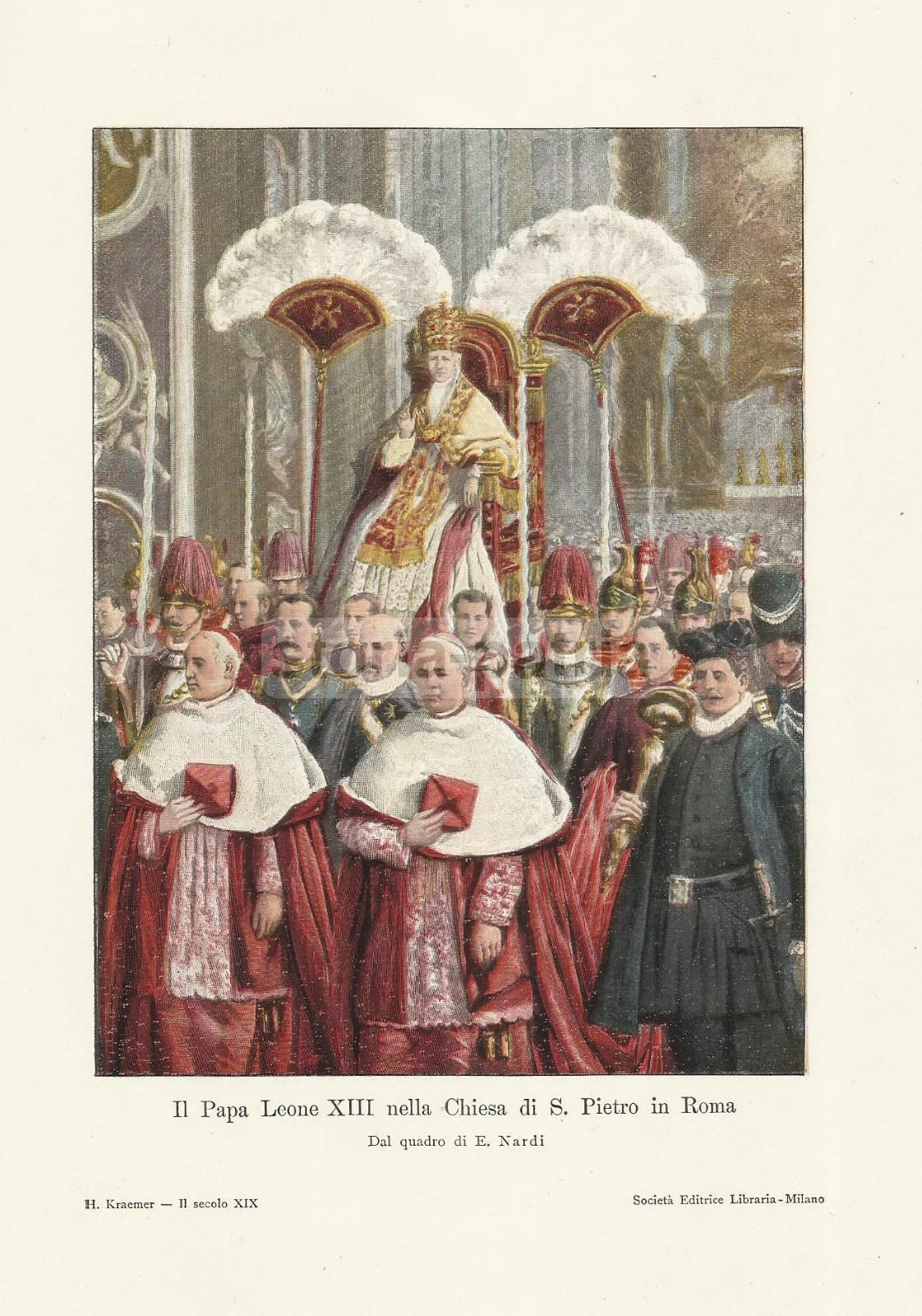 Papa Leone XIII, San Pietro, Roma. Stampa Antica Da E. Nardi, Anni '20