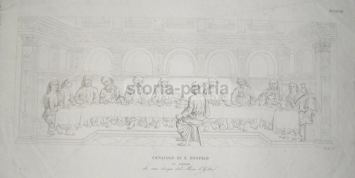 Stampa Antica Del Cenacolo Di S. Onofrio A Firenze, Incisore Nocchi, 1850 Circa