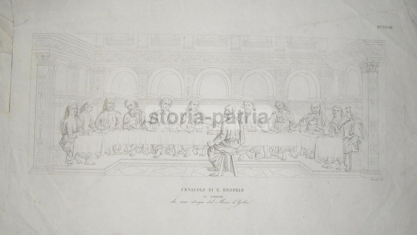 Stampa Antica Del Cenacolo Di S. Onofrio A Firenze, Incisore Nocchi, 1850 Circa