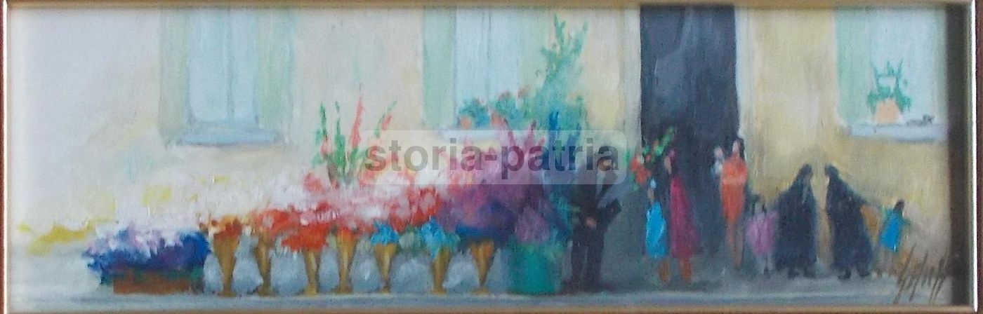Dipinto Olio Su Compensato Raffigurante Scena Fioraio, Anni 1950 1970