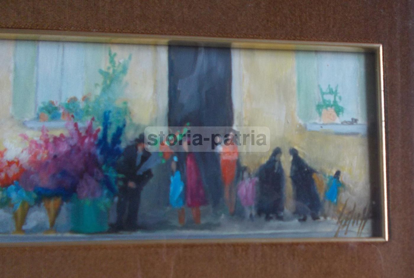 Dipinto Olio Su Compensato Raffigurante Scena Fioraio, Anni 1950 1970