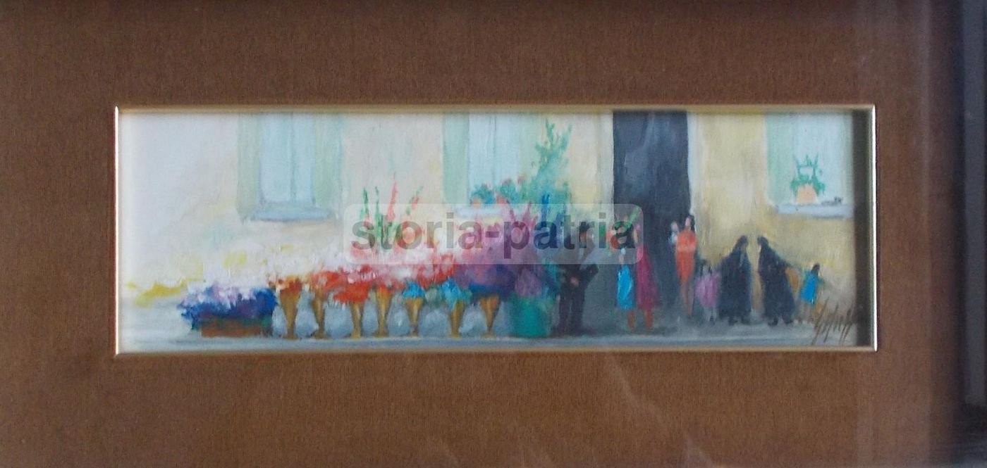Dipinto Olio Su Compensato Raffigurante Scena Fioraio, Anni 1950 1970