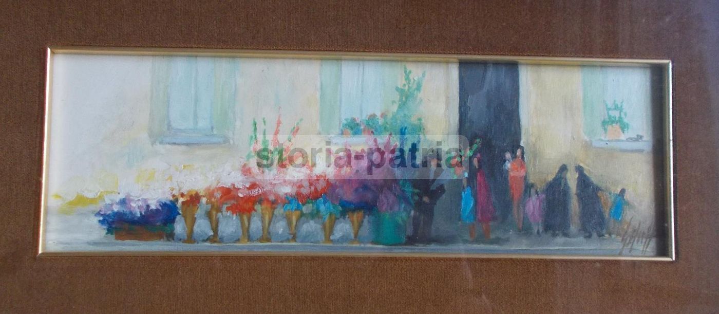 Dipinto Olio Su Compensato Raffigurante Scena Fioraio, Anni 1950 1970